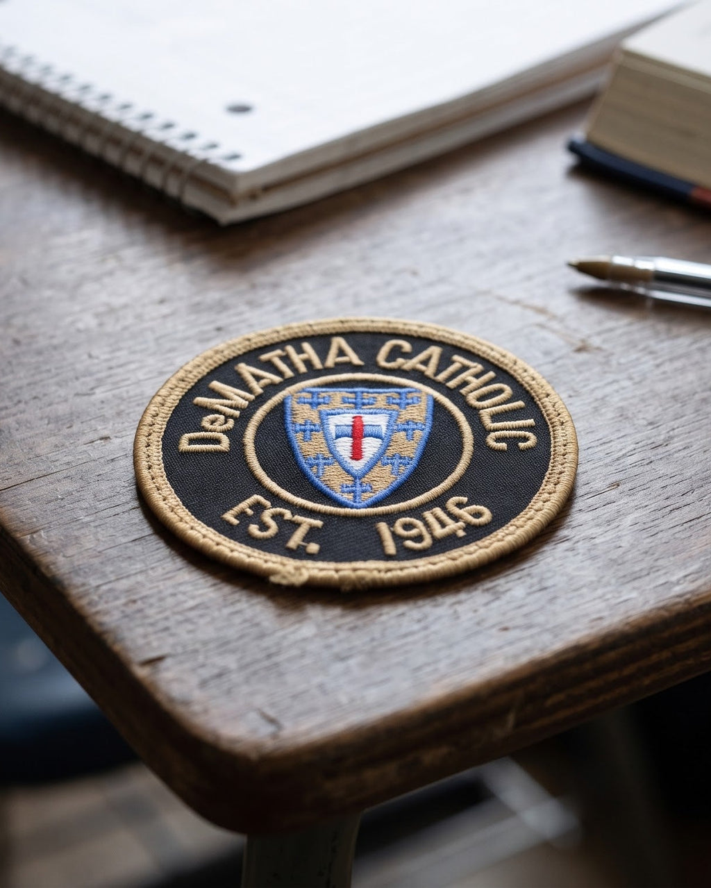 DeMatha blazer patch close-up