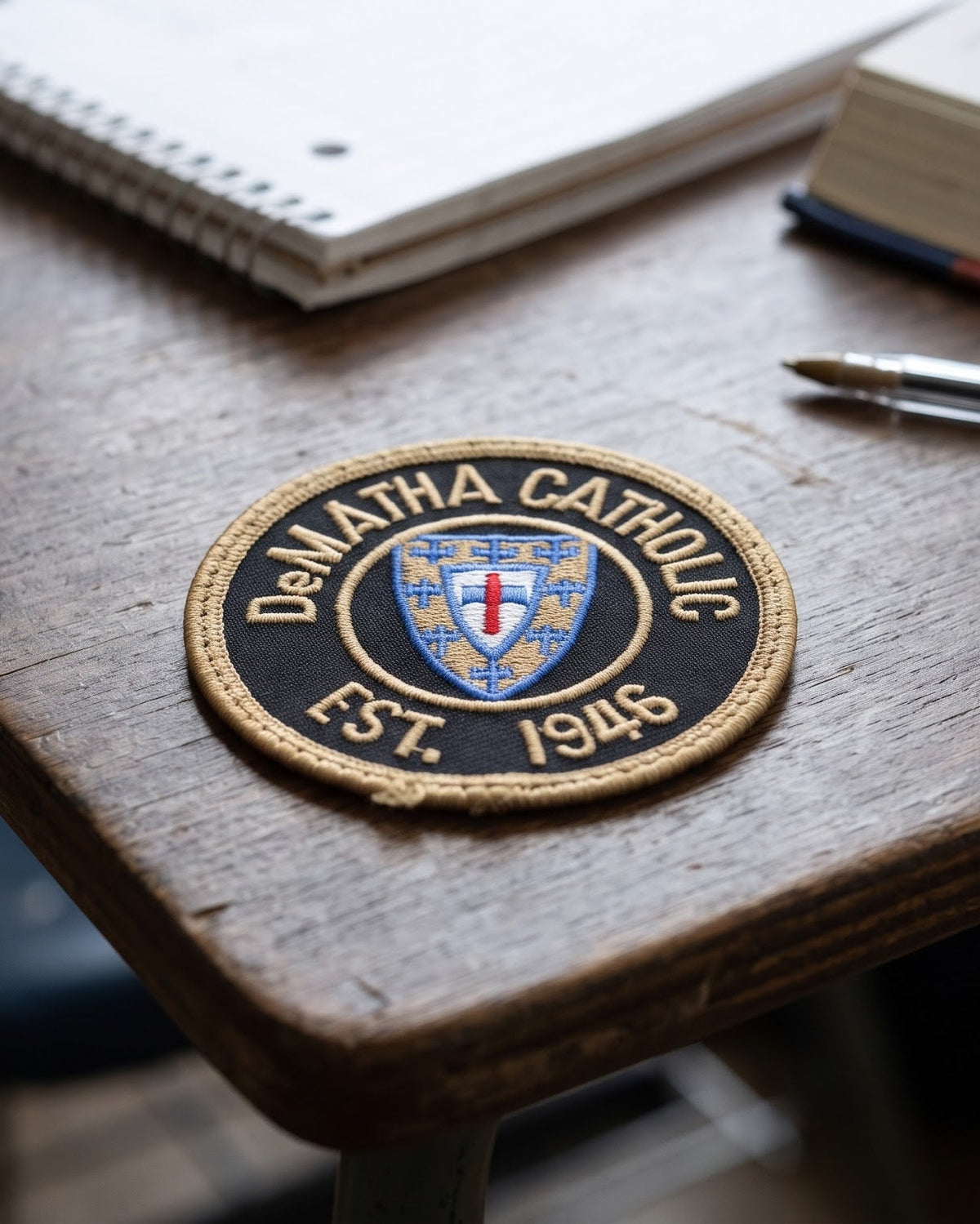 DeMatha blazer patch close-up