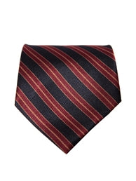 Navy dress tie with tan and burgundy stripes