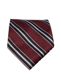 Burgundy dress tie with navy and silver stripes