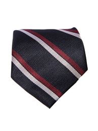 Navy dress tie with burgundy and silver stripes