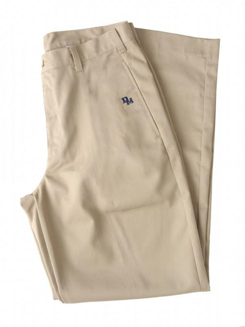 Khaki dress pants with the DM school logo