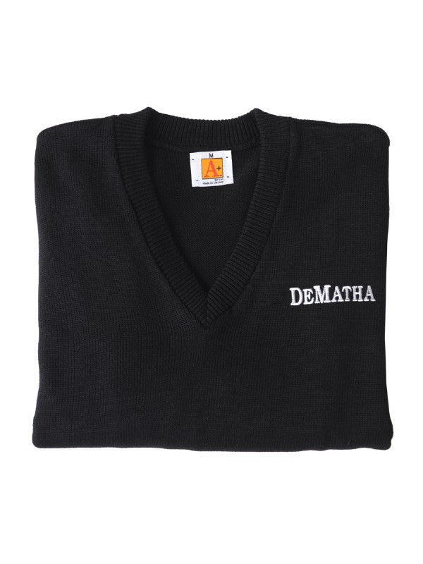 Navy DeMatha V-neck sweater with logo