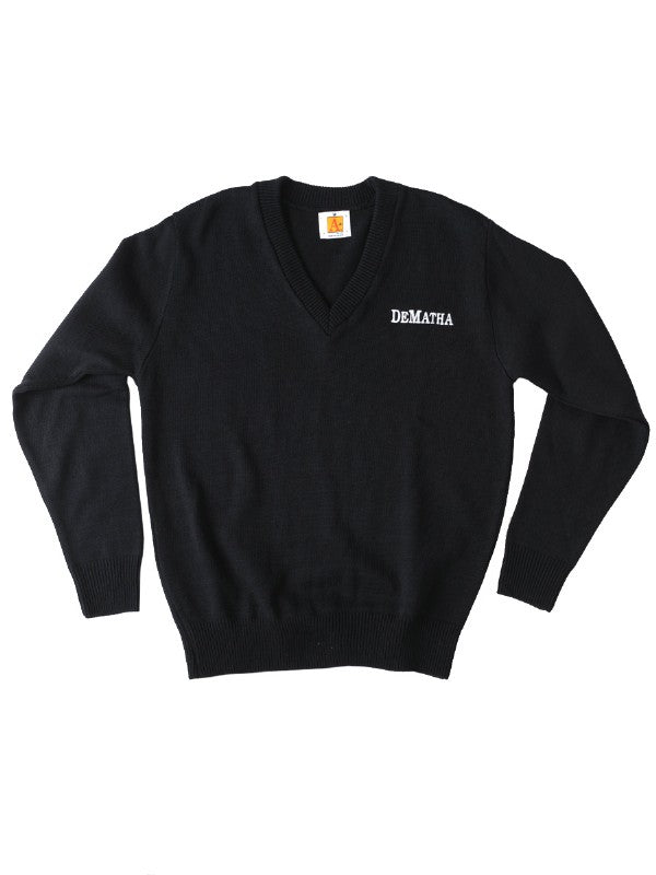 Navy DeMatha V-neck sweater with logo, flat view