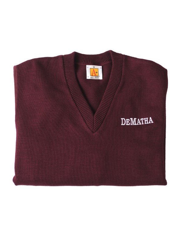 Maroon DeMatha V-neck sweater with logo