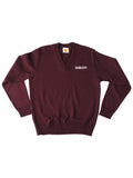 Maroon DeMatha V-neck sweater with logo, flat view